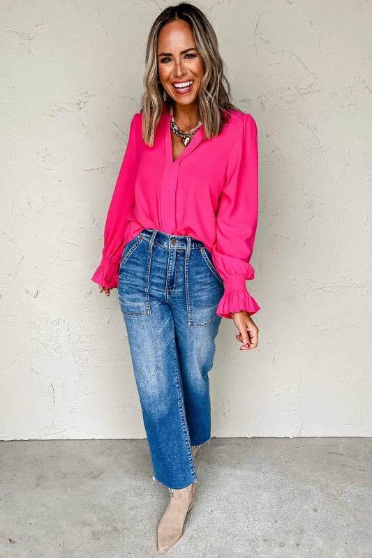 Solid Color Shirred Cuff Notch V Neck Blouse