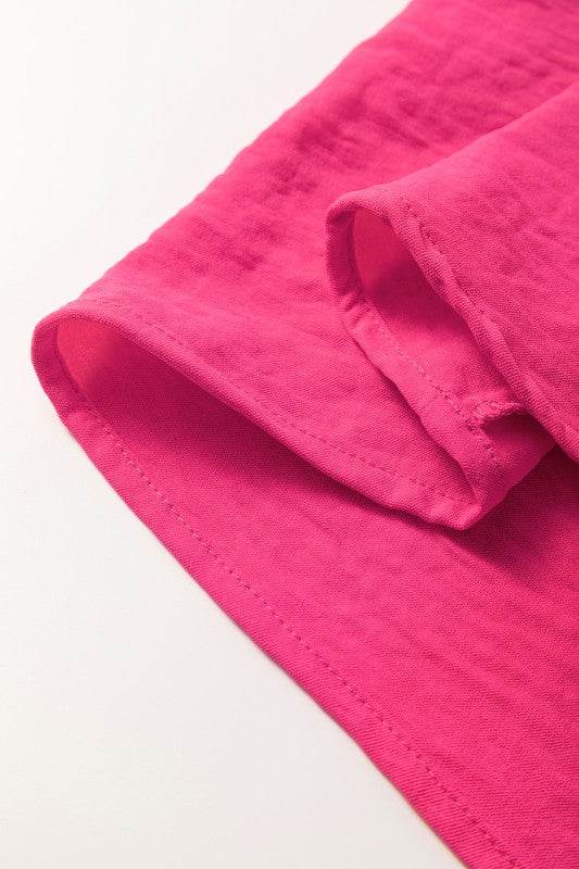 Solid Color Shirred Cuff Notch V Neck Blouse