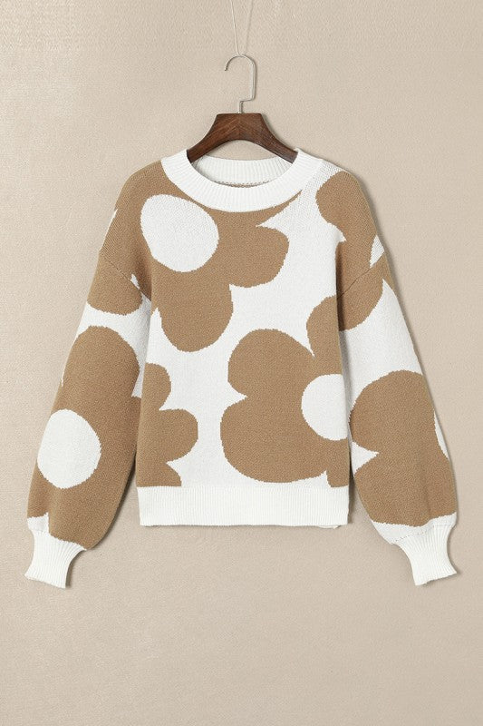 Big Flower Pattern Drop Shoulder Sweater