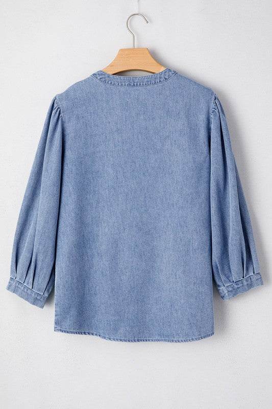 Denim Front Pintuck Bow Tie Puff Sleeve Top