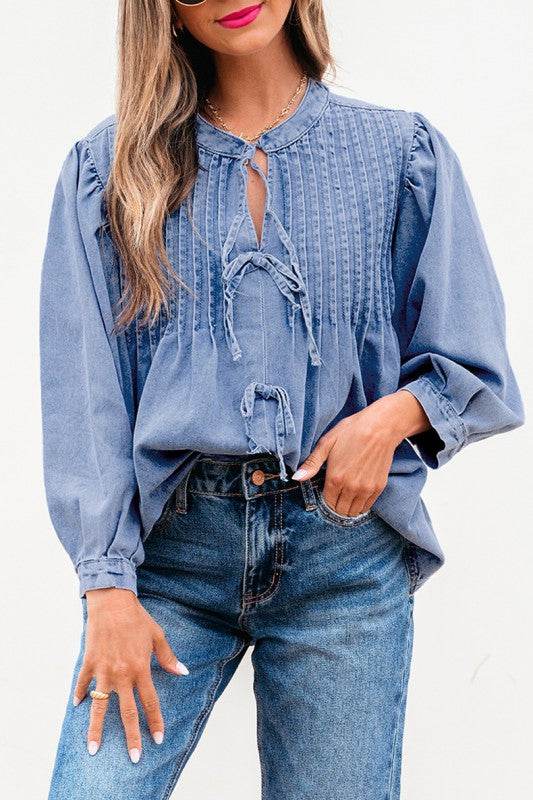 Denim Front Pintuck Bow Tie Puff Sleeve Top