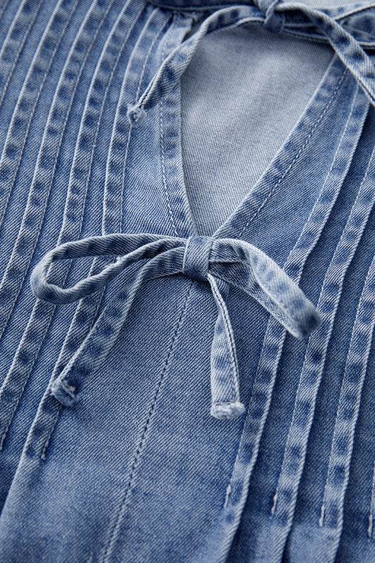 Denim Front Pintuck Bow Tie Puff Sleeve Top