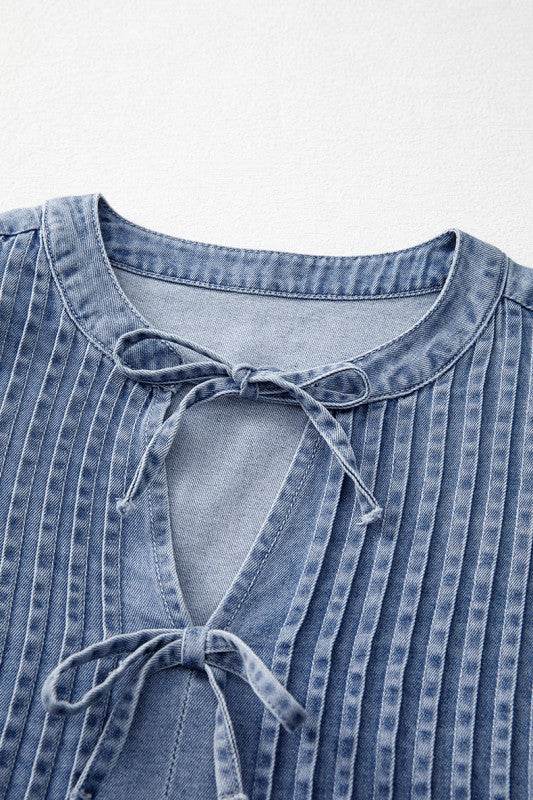 Denim Front Pintuck Bow Tie Puff Sleeve Top
