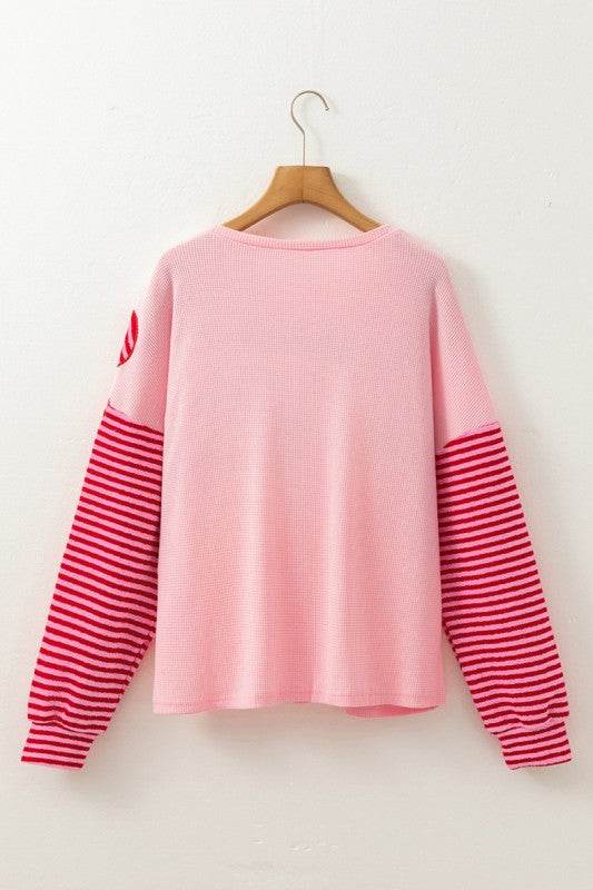 Floral Patch Striped Sleeve Textured Top
