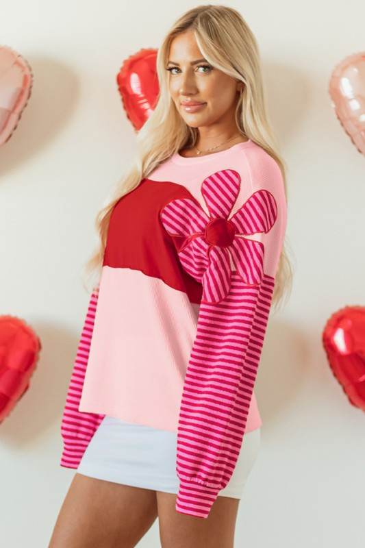Floral Patch Striped Sleeve Textured Top
