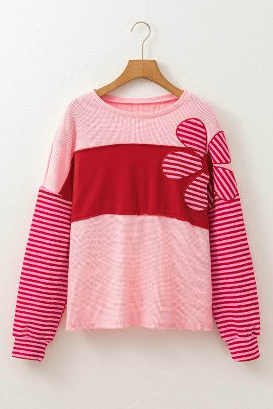 Floral Patch Striped Sleeve Textured Top