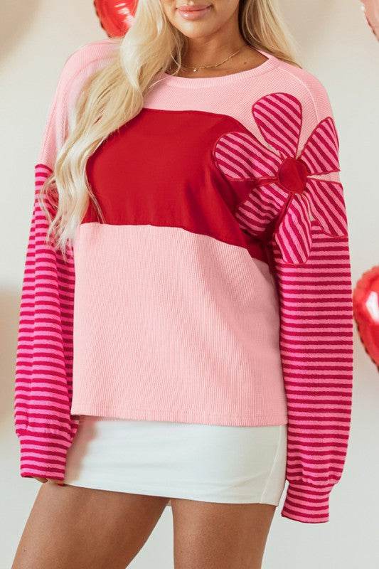 Floral Patch Striped Sleeve Textured Top