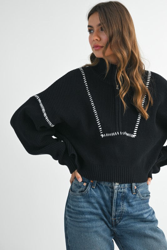 Contrast Stitch Quarter-Zip Sweater