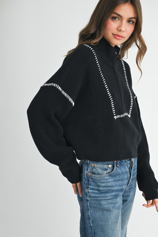 Contrast Stitch Quarter-Zip Sweater