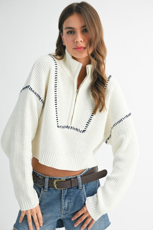 Contrast Stitch Quarter-Zip Sweater
