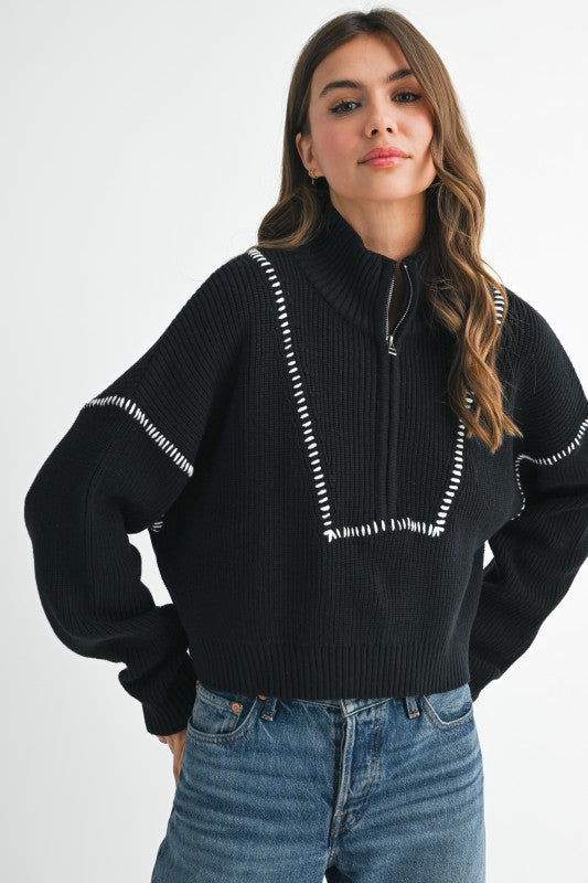 Contrast Stitch Quarter-Zip Sweater