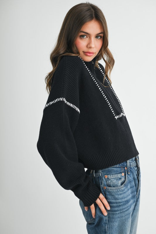 Contrast Stitch Quarter-Zip Sweater