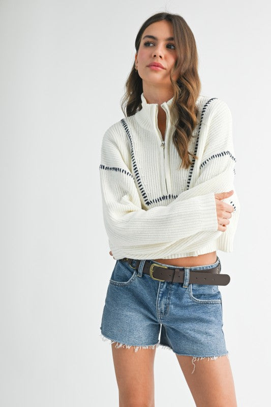 Contrast Stitch Quarter-Zip Sweater