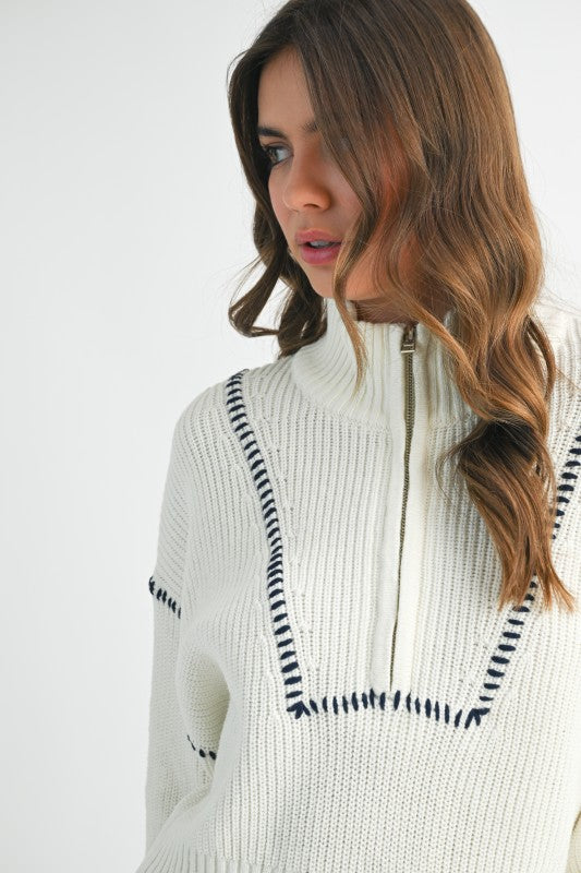 Contrast Stitch Quarter-Zip Sweater