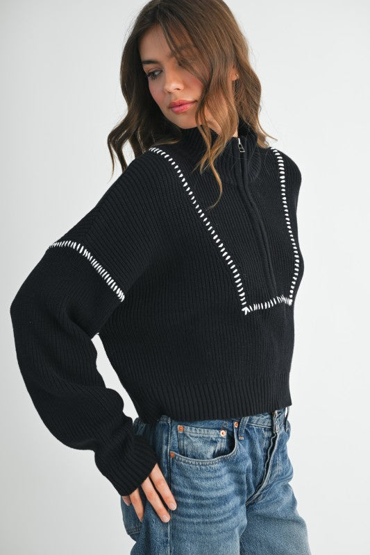 Contrast Stitch Quarter-Zip Sweater