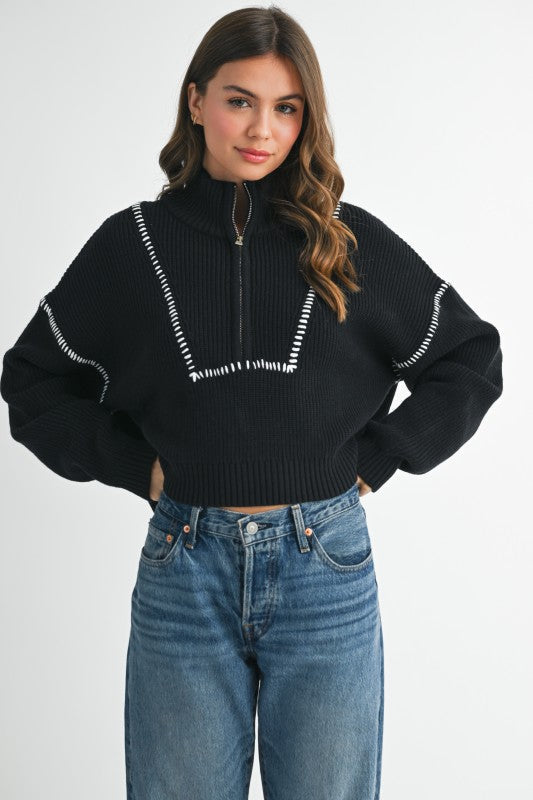 Contrast Stitch Quarter-Zip Sweater