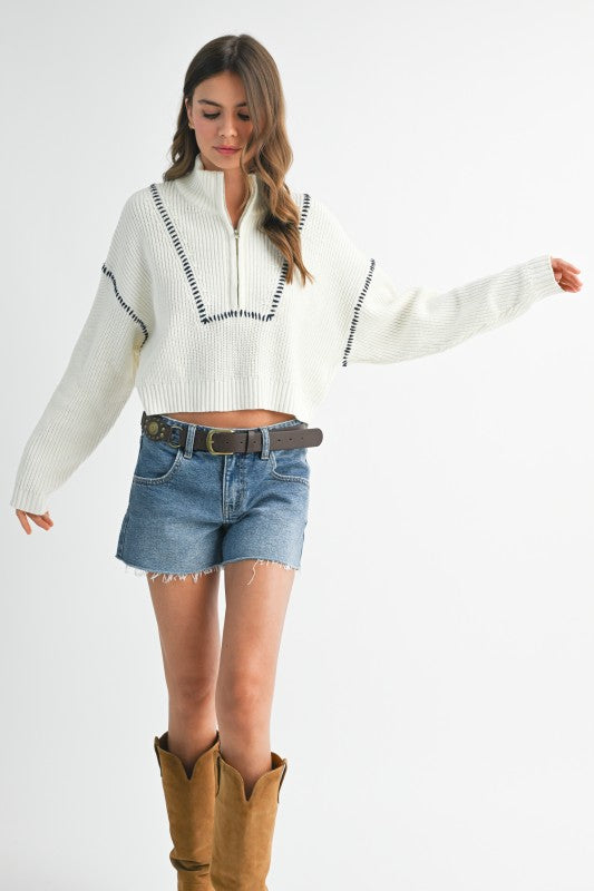 Contrast Stitch Quarter-Zip Sweater
