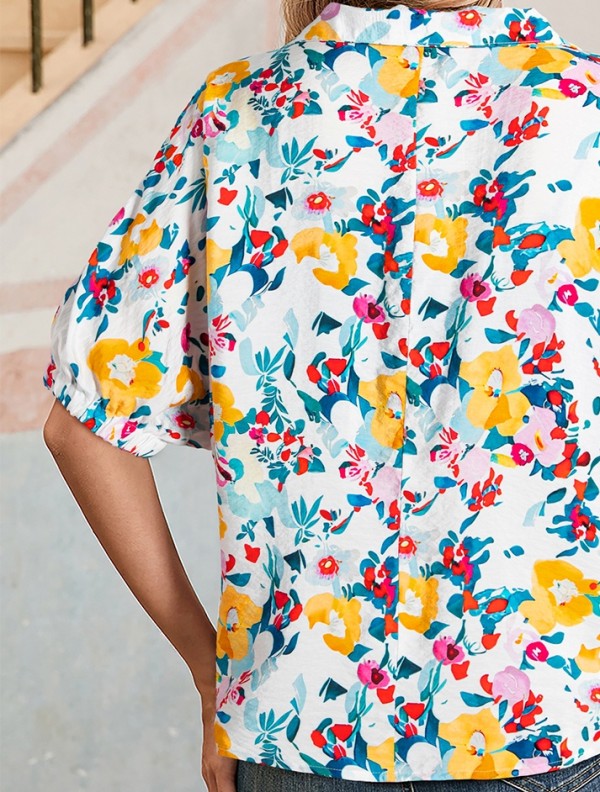 Floral Boho Shirred Bubble Viscose Notch Blouse