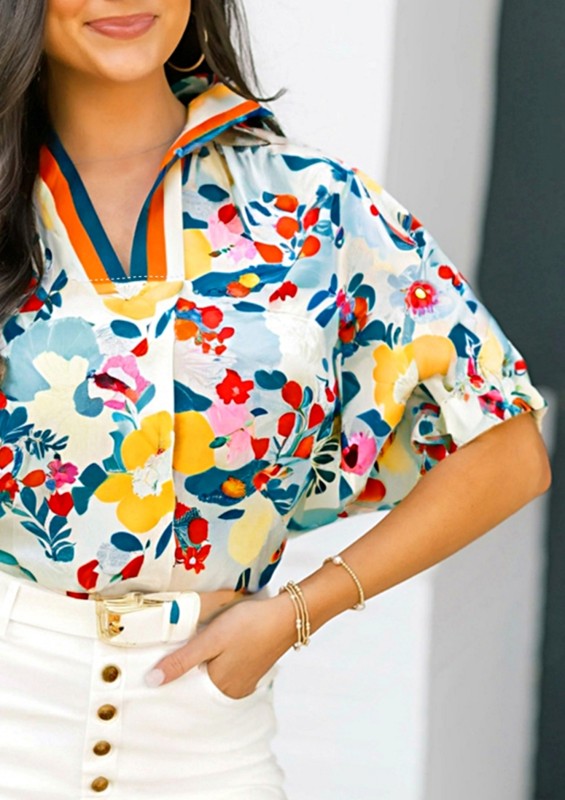 Floral Boho Shirred Bubble Viscose Notch Blouse