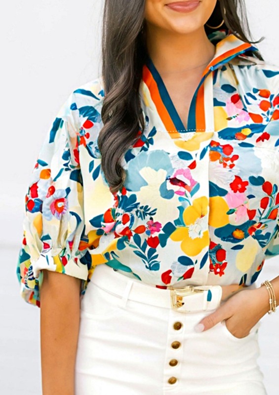 Floral Boho Shirred Bubble Viscose Notch Blouse