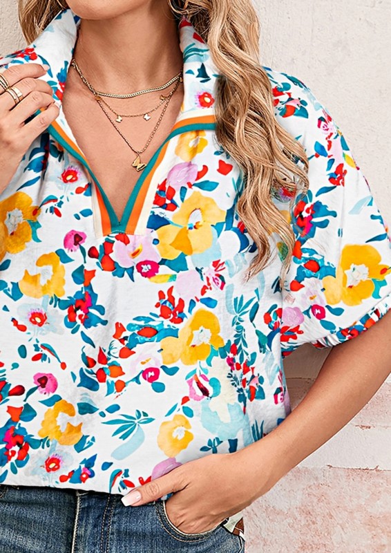Floral Boho Shirred Bubble Viscose Notch Blouse