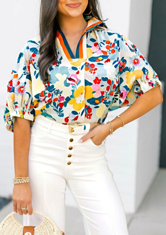 Floral Boho Shirred Bubble Viscose Notch Blouse