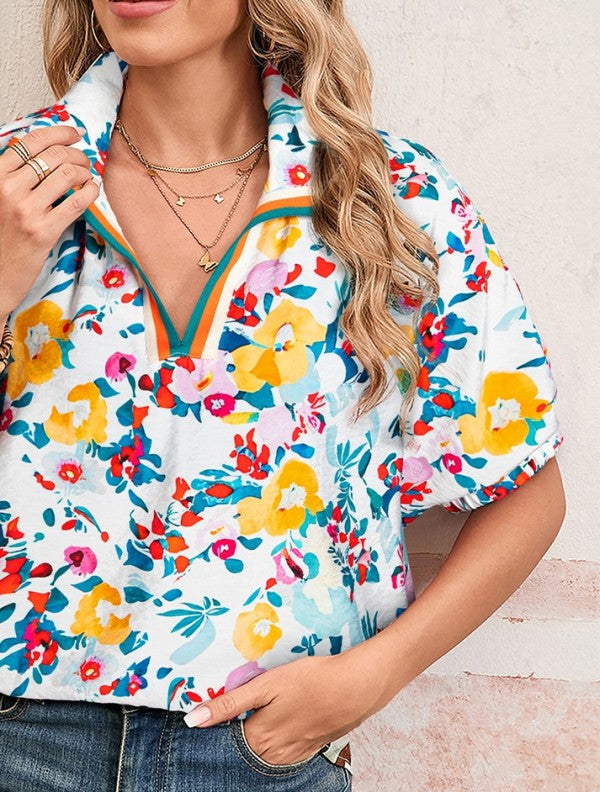 Floral Boho Shirred Bubble Viscose Notch Blouse