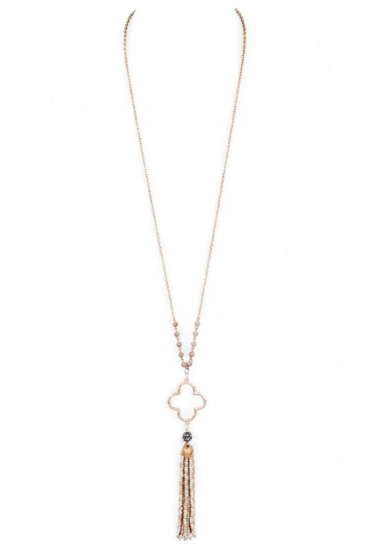 Beaded Tassel Clover Pendant Long Necklace