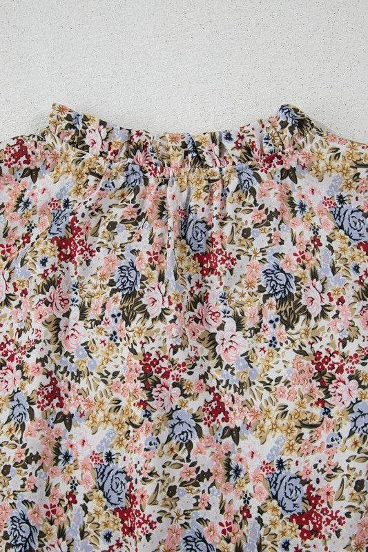 Red Boho Floral Frilled Button Neck Ruffle Blouse