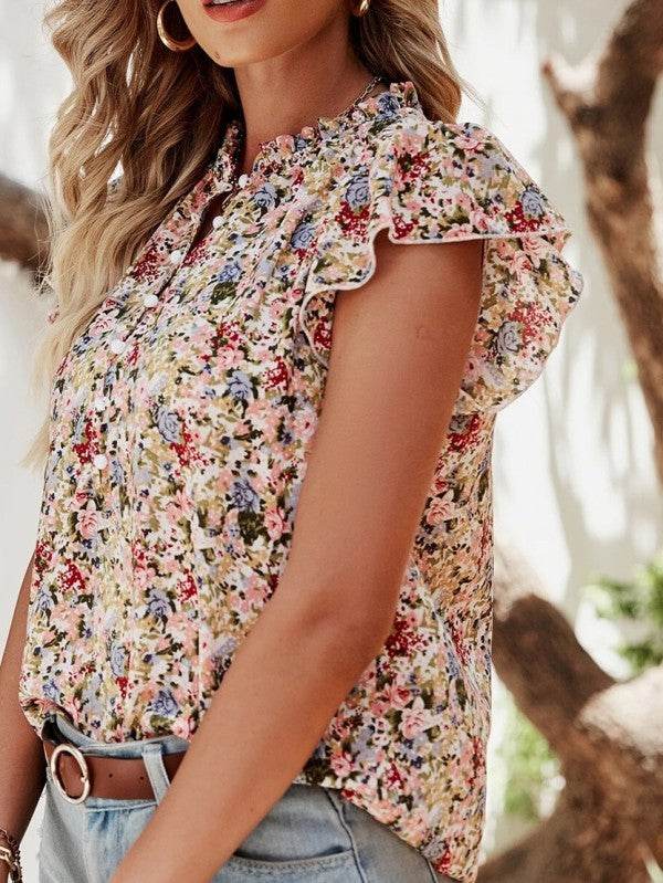 Red Boho Floral Frilled Button Neck Ruffle Blouse