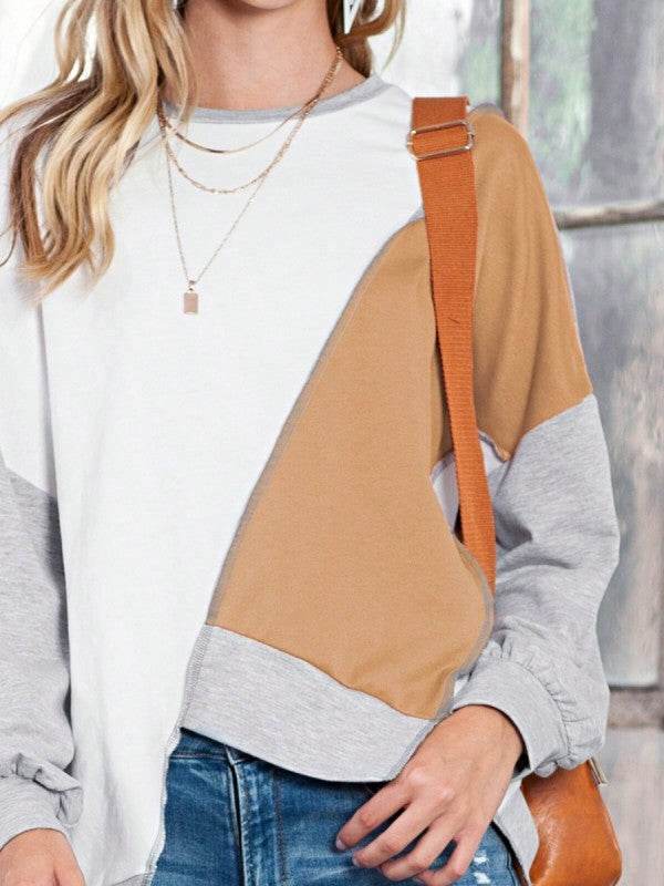 Cotton Stitching Irregular Hem Block  Pullover