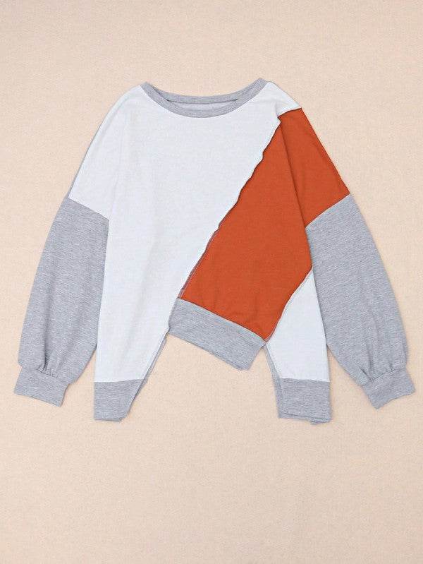 Cotton Stitching Irregular Hem Block  Pullover