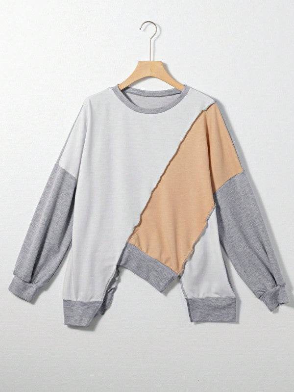 Cotton Stitching Irregular Hem Block  Pullover
