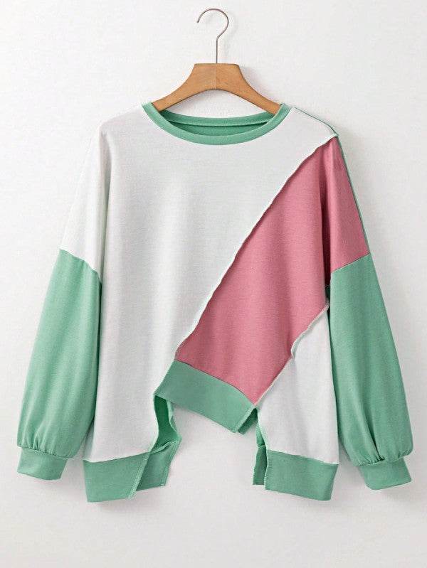 Cotton Stitching Irregular Hem Block  Pullover