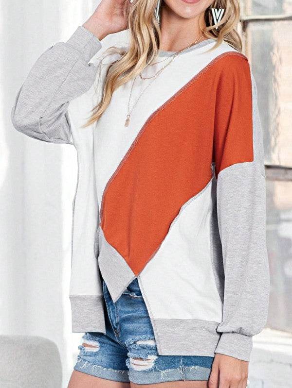 Cotton Stitching Irregular Hem Block  Pullover