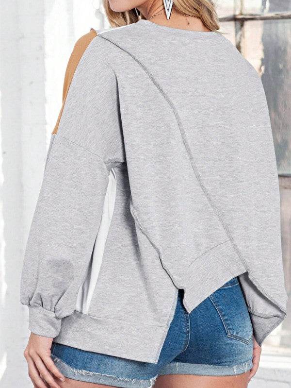 Cotton Stitching Irregular Hem Block  Pullover