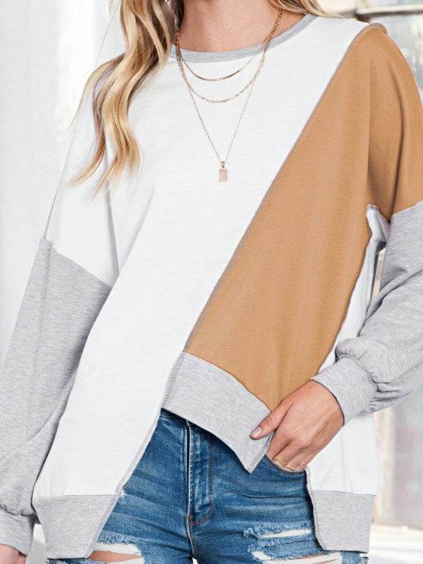 Cotton Stitching Irregular Hem Block  Pullover