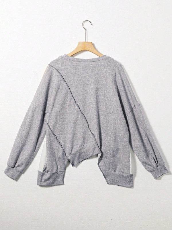 Cotton Stitching Irregular Hem Block  Pullover