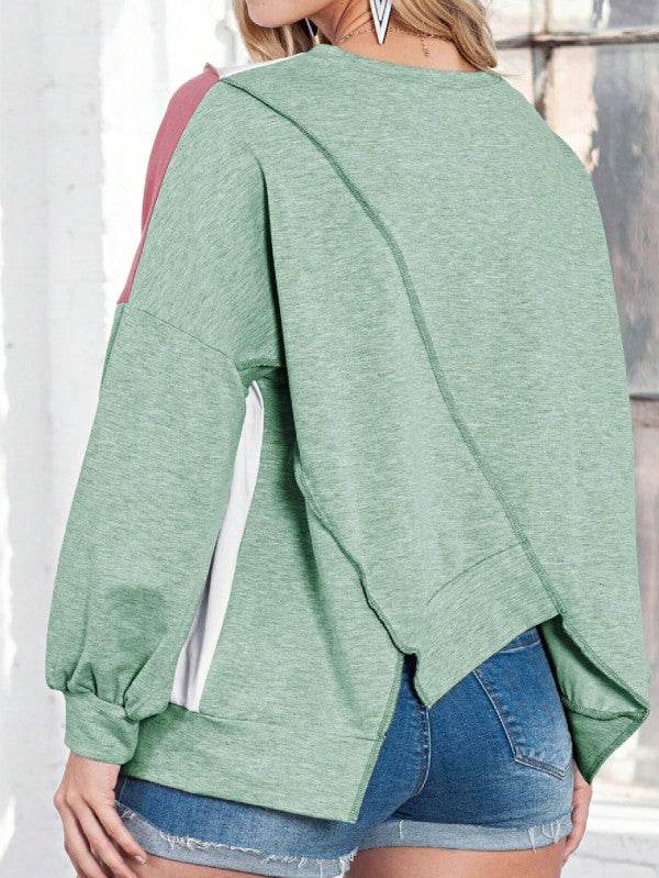 Cotton Stitching Irregular Hem Block  Pullover
