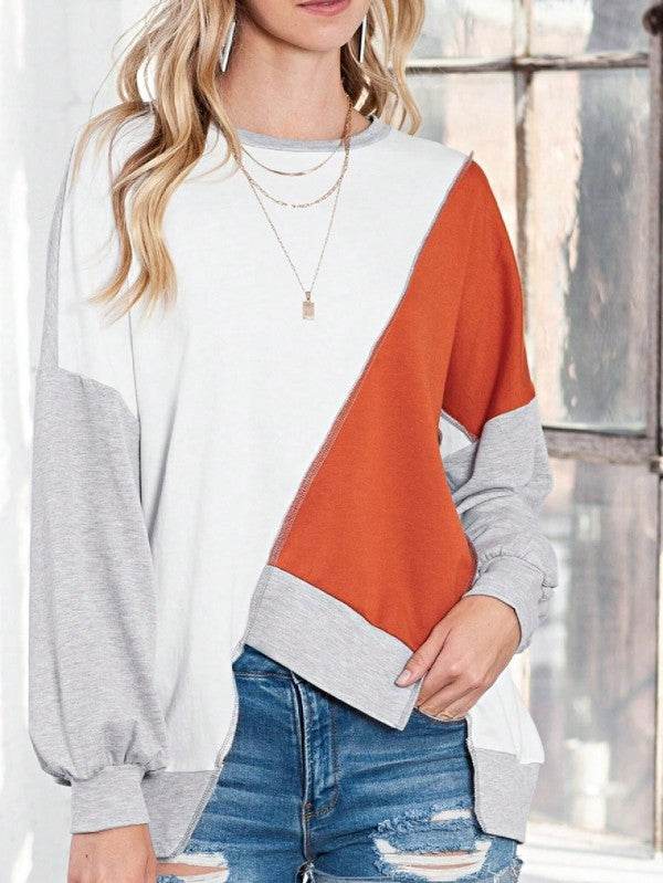 Cotton Stitching Irregular Hem Block  Pullover