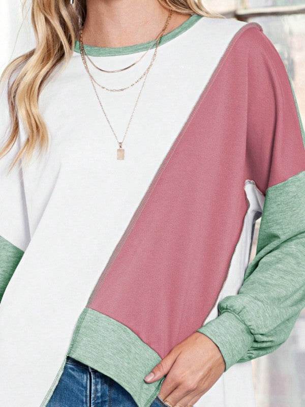 Cotton Stitching Irregular Hem Block  Pullover