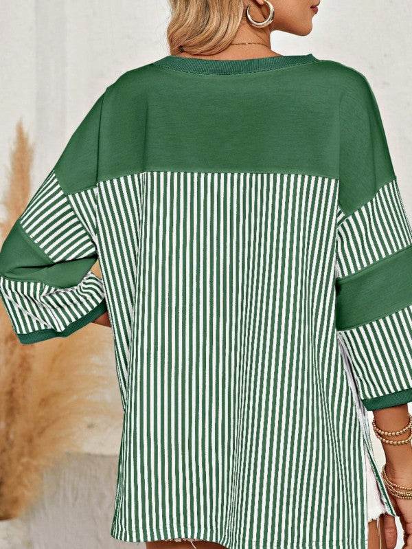 Cotton Stripe Color Block Half Quarter Sleeve Top