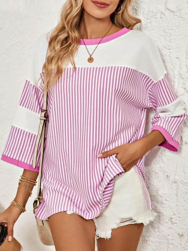 Cotton Stripe Color Block Half Quarter Sleeve Top