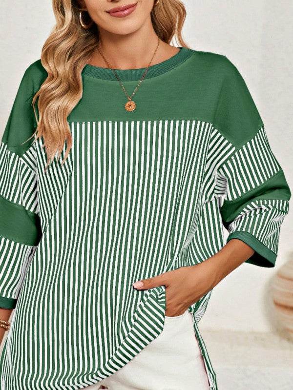 Cotton Stripe Color Block Half Quarter Sleeve Top