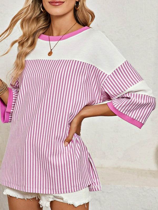 Cotton Stripe Color Block Half Quarter Sleeve Top