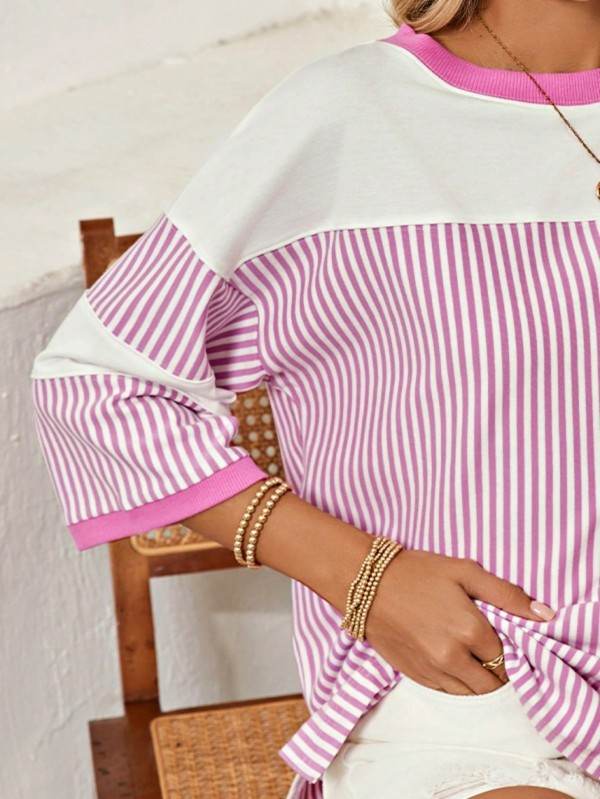 Cotton Stripe Color Block Half Quarter Sleeve Top