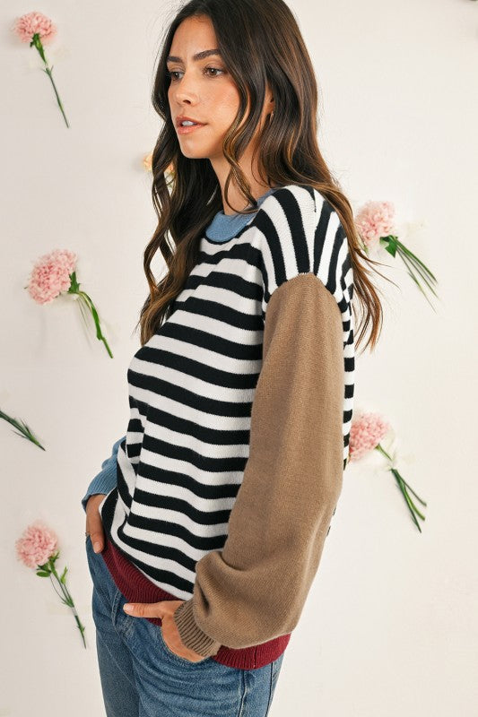 Striped Colorblock Patchwork Long Sleeve Sweater