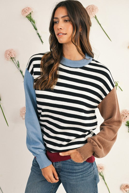 Striped Colorblock Patchwork Long Sleeve Sweater