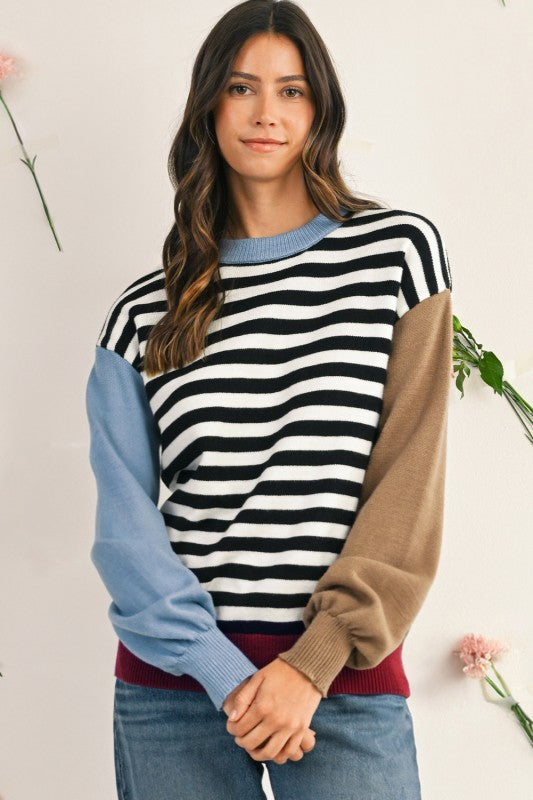 Striped Colorblock Patchwork Long Sleeve Sweater