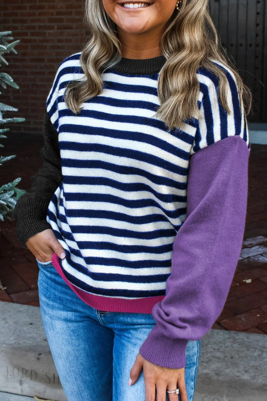 Striped Colorblock Patchwork Long Sleeve Sweater